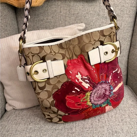 Coach Tan and Red Floral Shoulder Bag - Picture 3 of 8